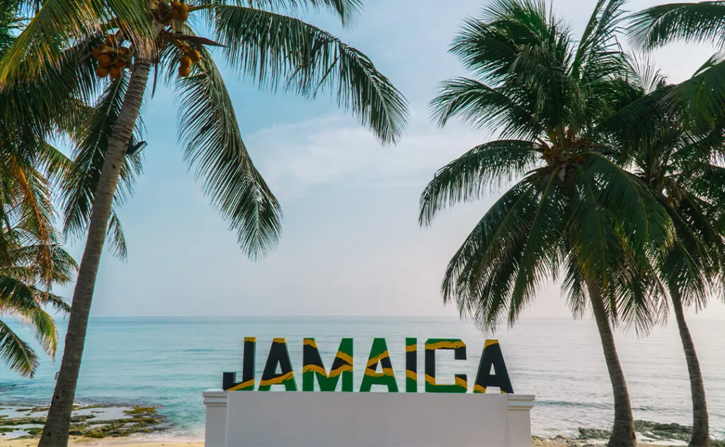 Jamaica sign. Jamaican flag with palm trees. Tropical palm tree and beach background.
