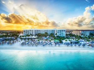 Aruba Marriott Resort drone photo at sunset