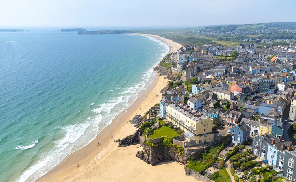 Aerial view of Tenby and Tenby South Beach - Pembrokeshire, Wales, UK