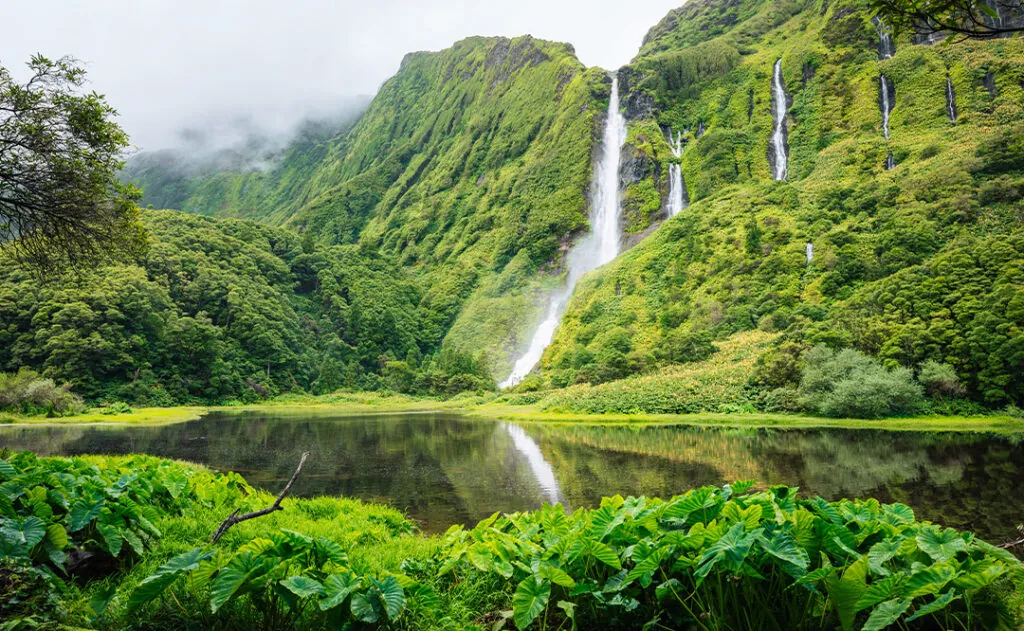 Waterfalls, green paradise hidden in Flores Island, Azores, Portugal